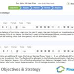 Joint financial plan showing Plan Objectives and Strategy to achieve objectives using Financial Mappers Cash Flow modelling software.